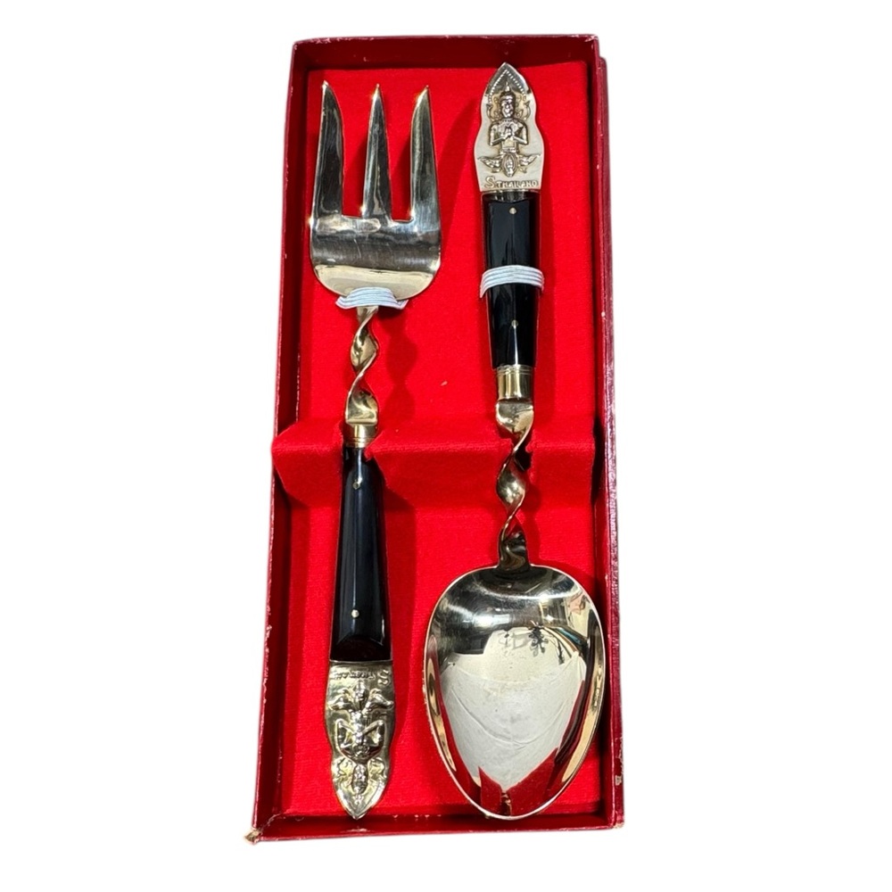 VTG Thailand Salad Serving Spoon Fork Bronze Gold Black 10” Meditating Figures